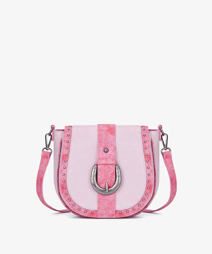 Montana West Western Buckle Studded Saddle Crossbody Bag - Pink