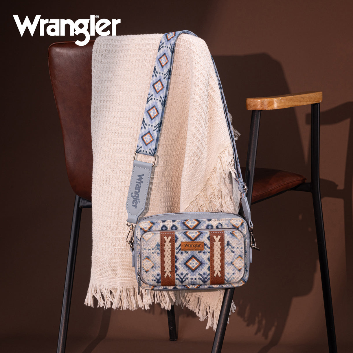 Wrangler Southwestern Pattern Dual Sided Print Crossbody Purse With Wallet Compartment - Navy - Light Blue