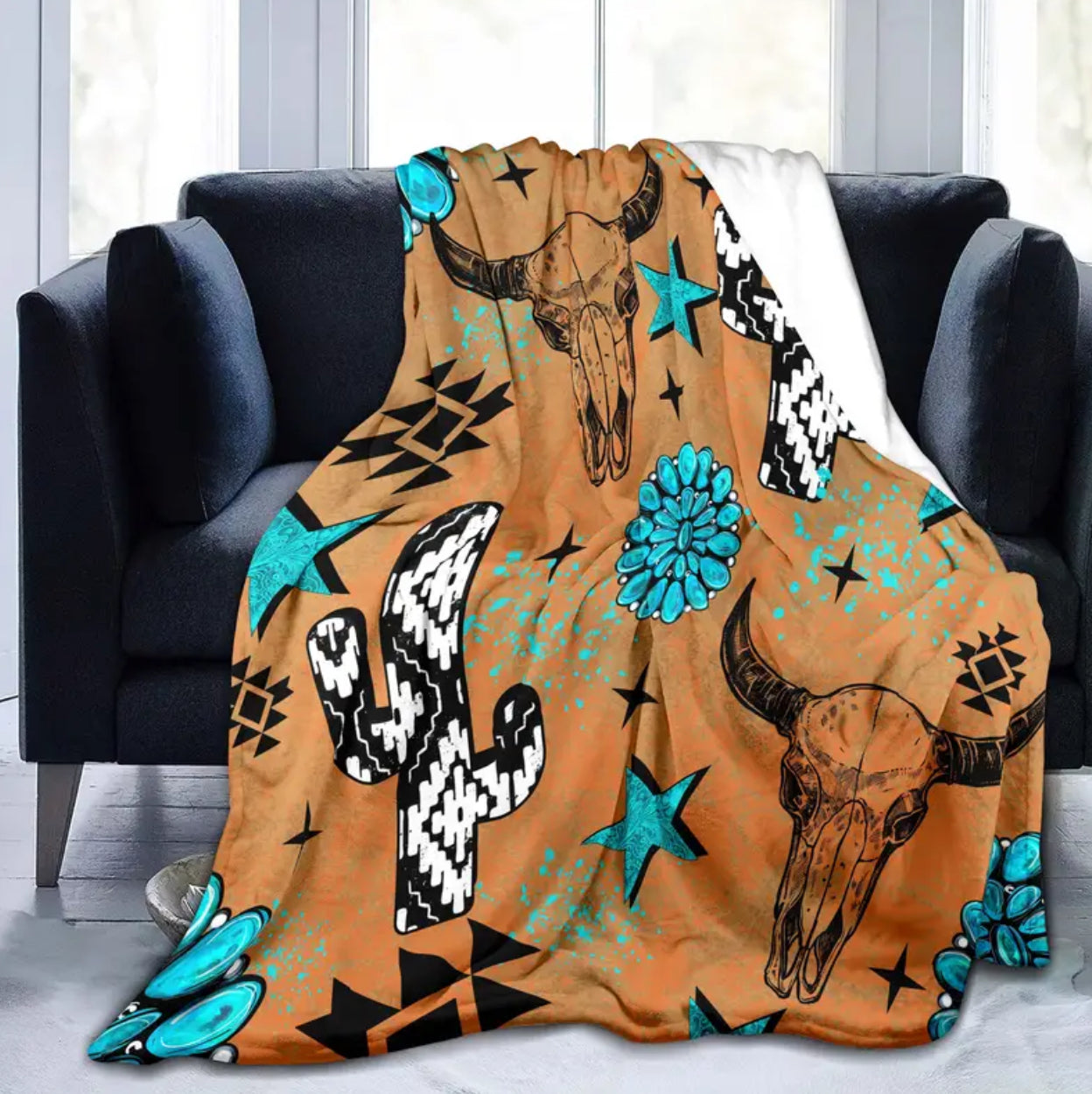 Western throw blanket - concho - turquoise - longhorn - cactus