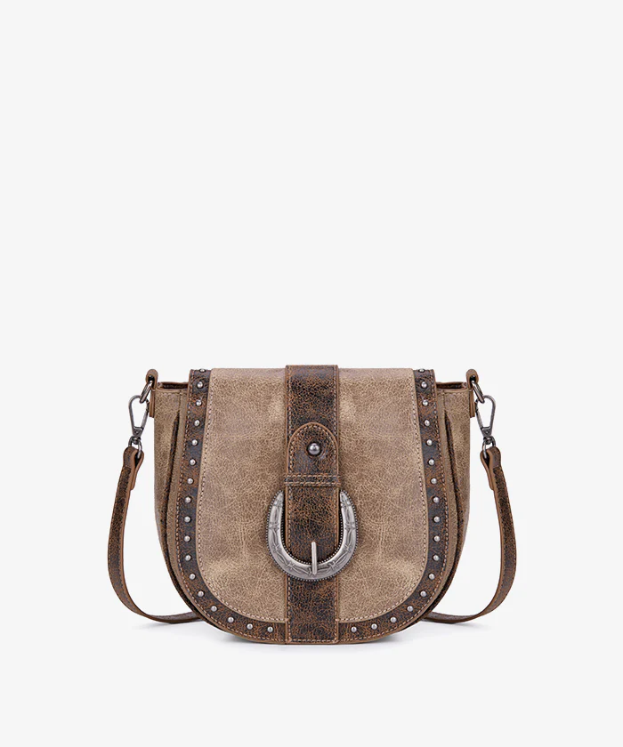 Montana West Western Buckle Studded Saddle Crossbody Bag - Brown