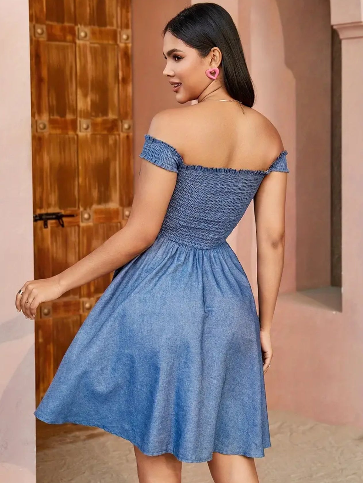 Off The Shoulder Denim Dress with Top Side Ruffled Detail
