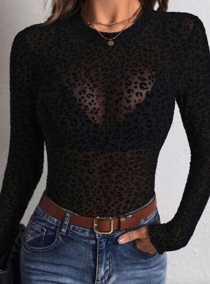 Sheer black leopard print top - mesh top