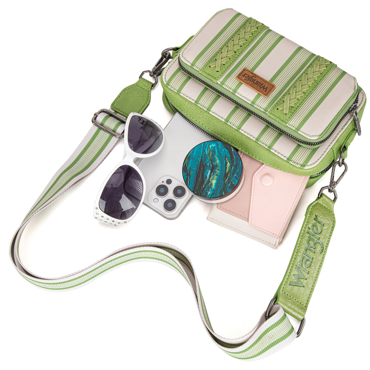 Wrangler Stripe Printed Crossbody Purse With Wallet Compartment - Green