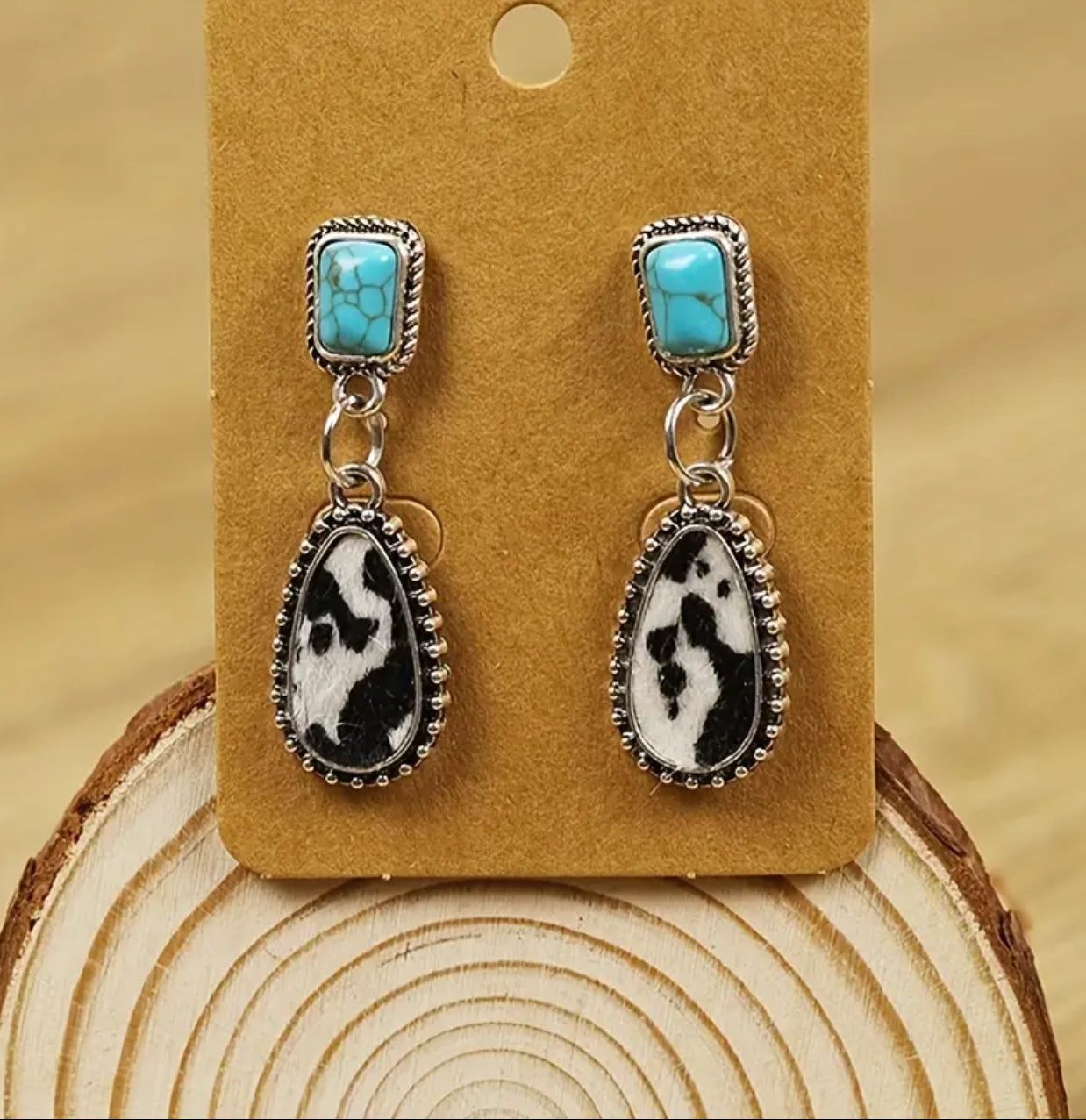 Turquoise and Cowhide Drop Earrings