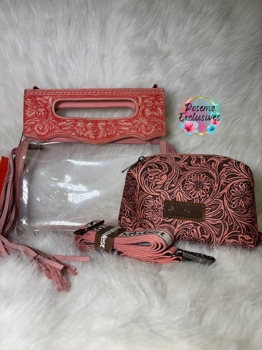 Montana West Western Fringe Stadium Clear Crossbody Bag with Detachable Pouch - Pink
