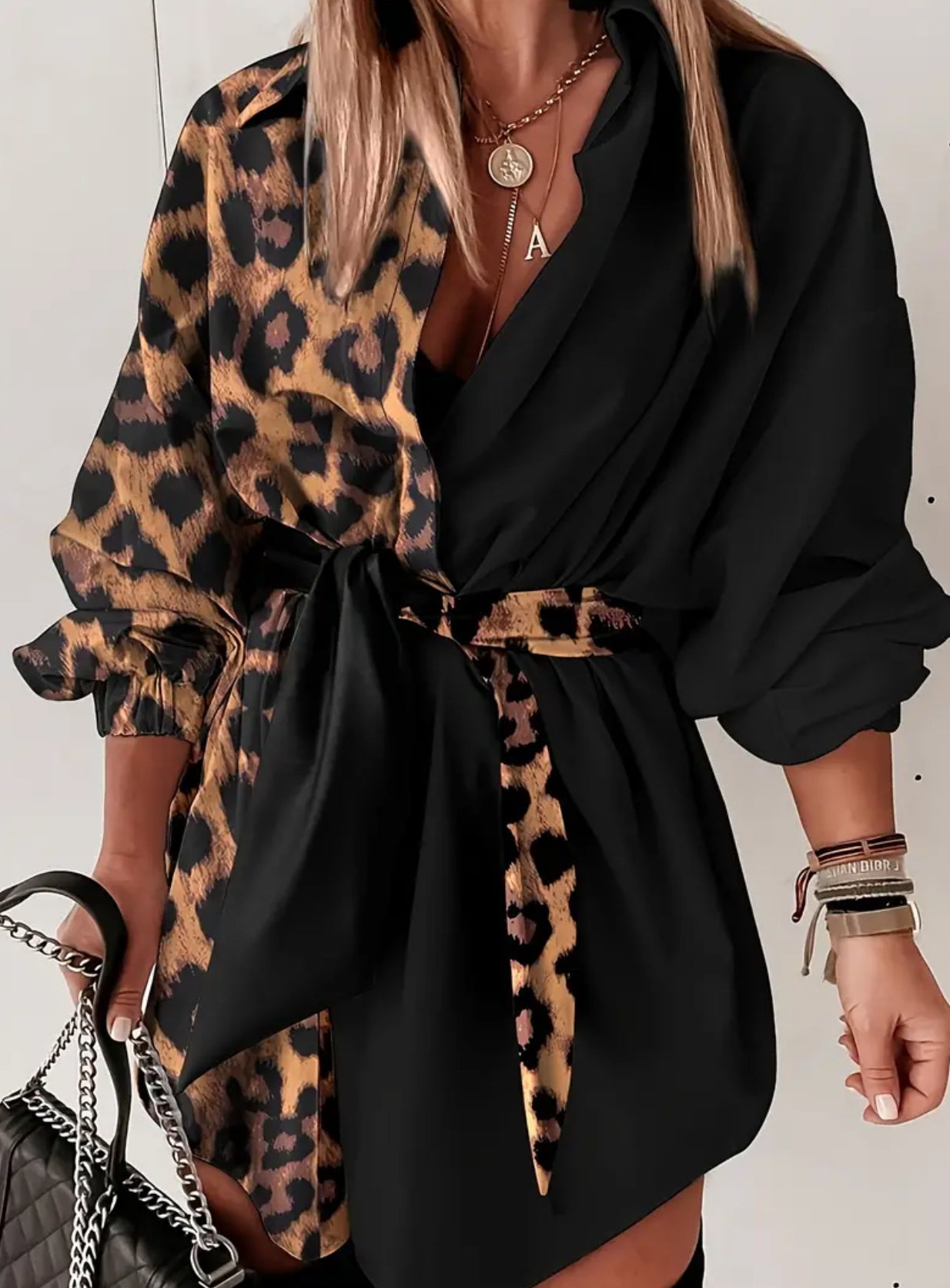 Women’s leopard color block button up dress