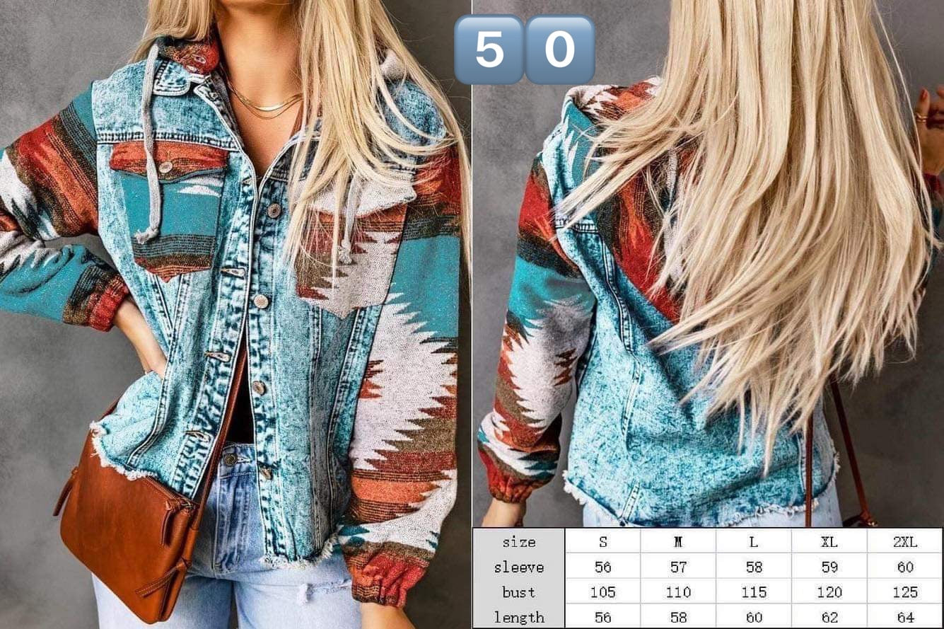 Denim Jacket with Western/Aztec printed sleeves and hoodie.