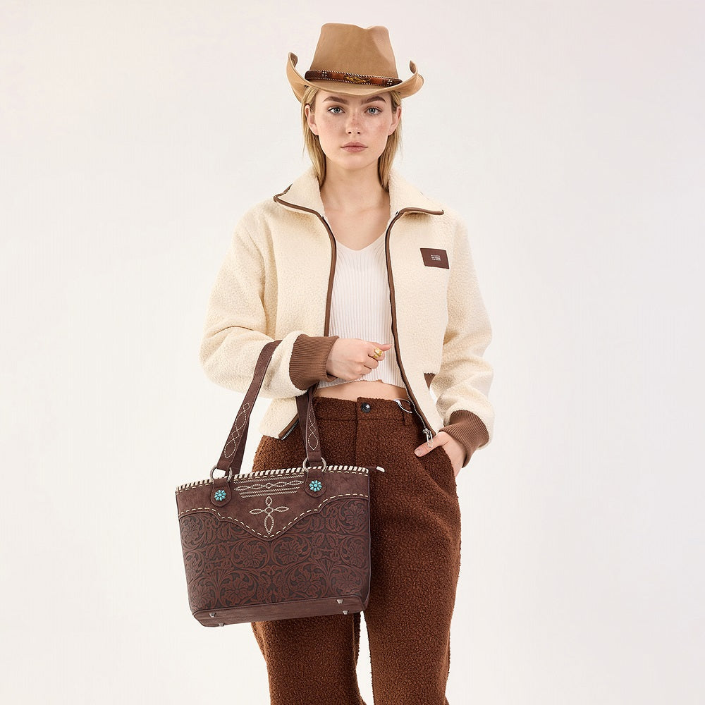 Montana West Tooled Floral Concealed Carry Tote Bag - Coffee