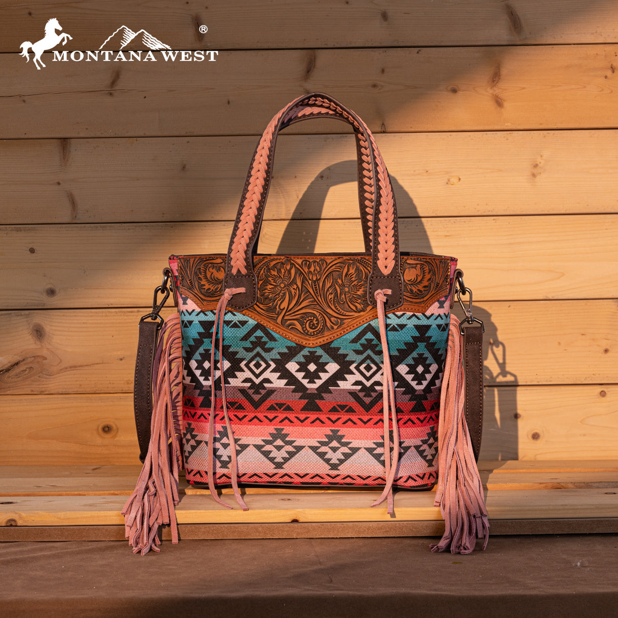 Montana West Tooled Aztec Tote/Crossbody with Wallet Set -Pink