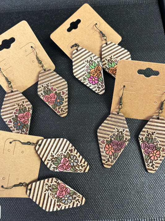 Rustic Striped Floral Laser cut and hand painted earrings