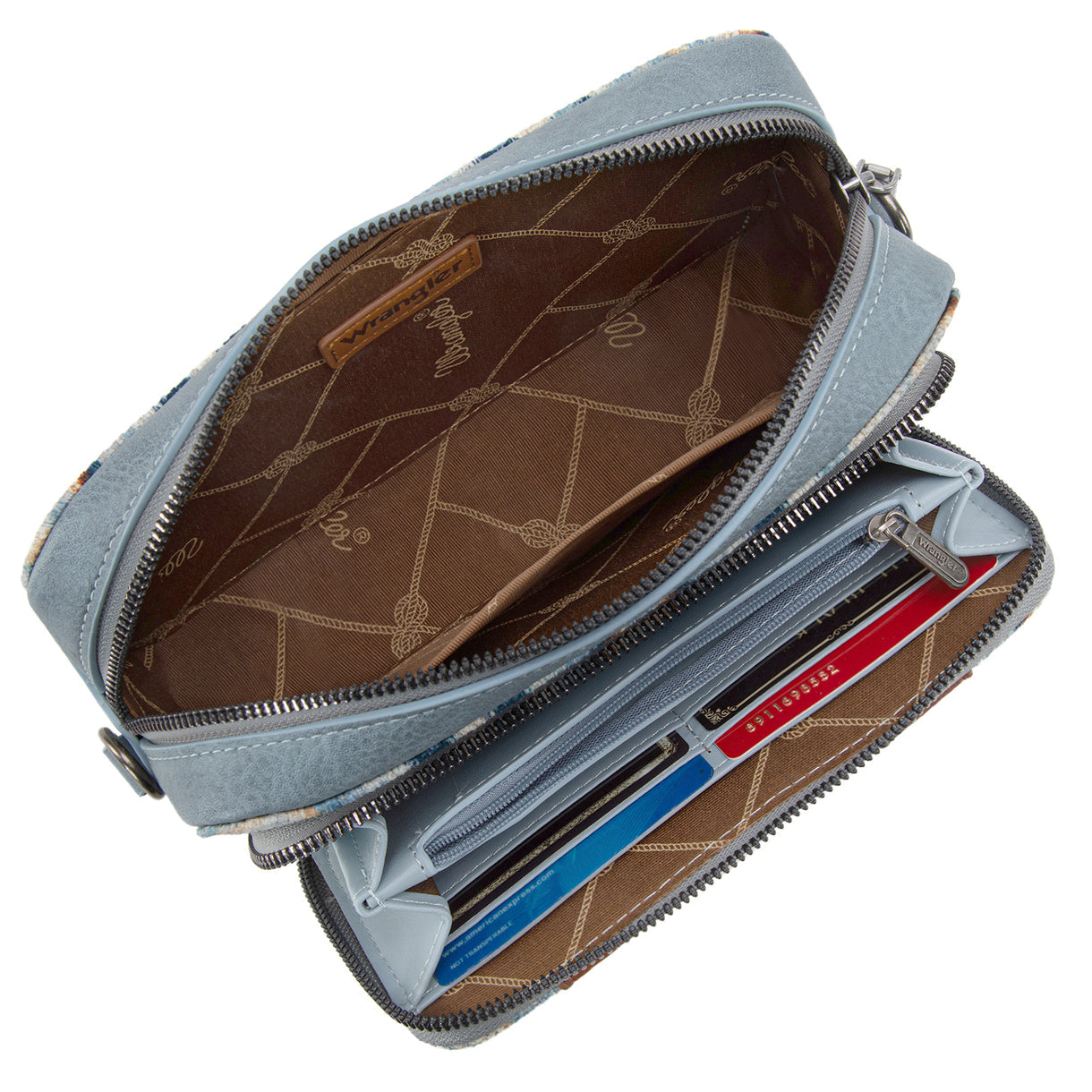Wrangler Southwestern Pattern Dual Sided Print Crossbody Purse With Wallet Compartment - Navy - Light Blue