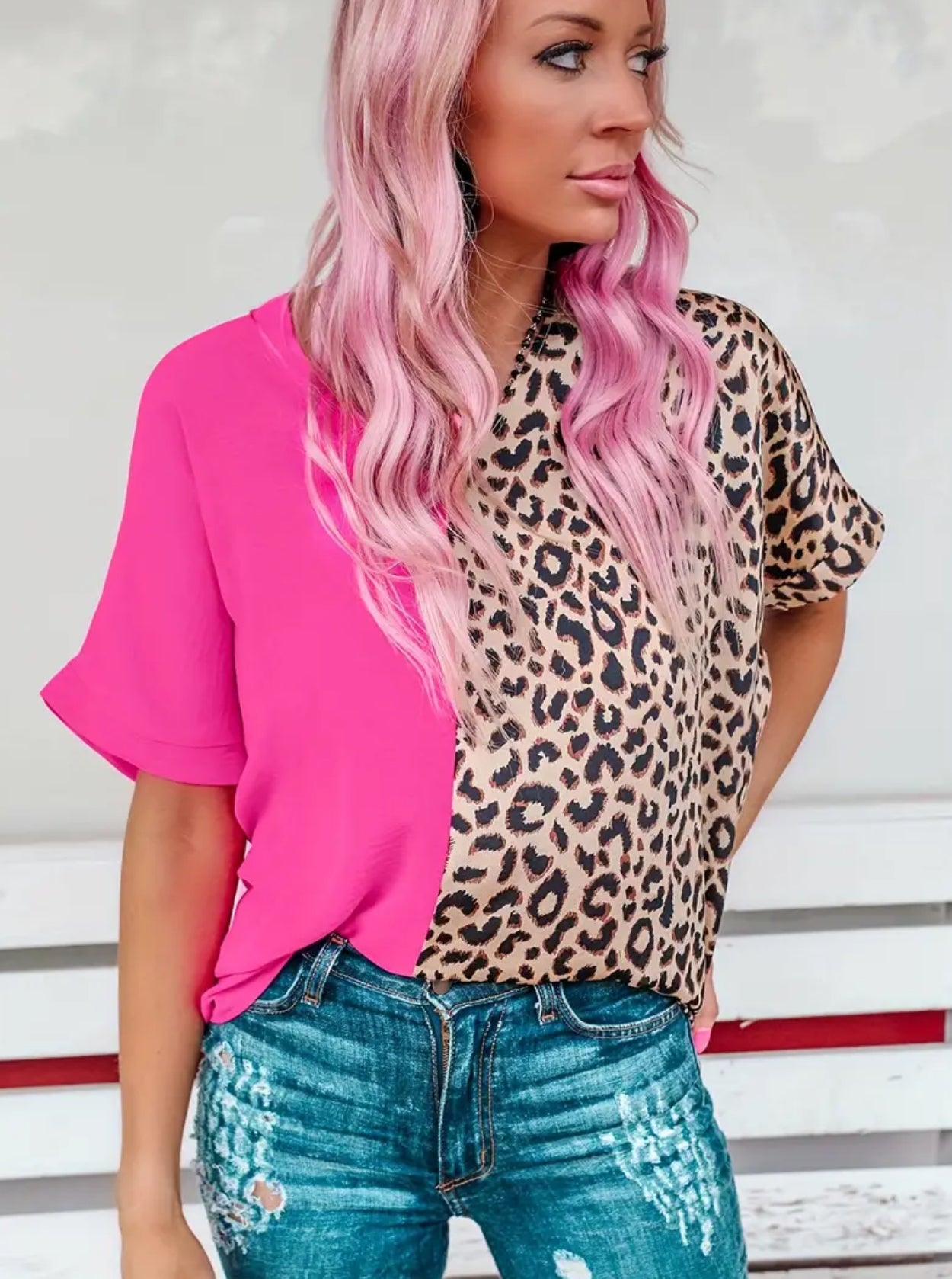 Hot pink and leopard splicing shirt