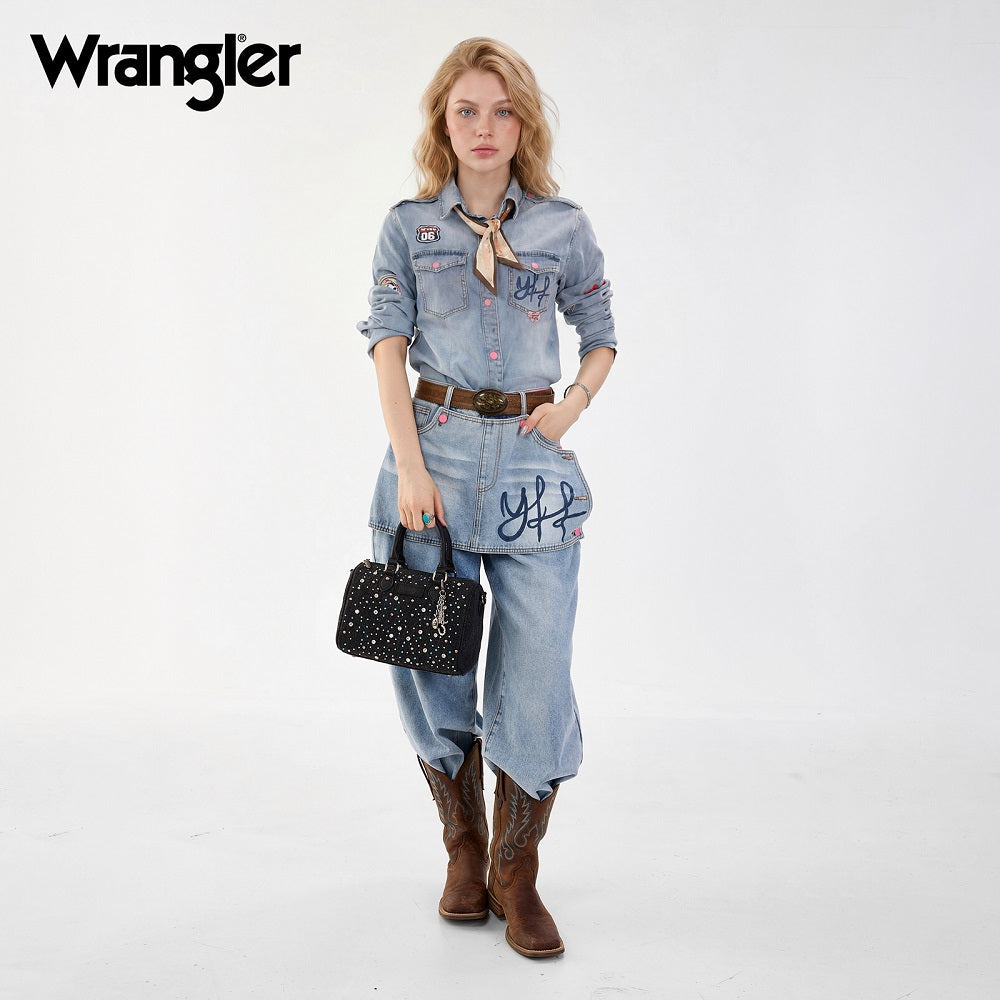 Wrangler Western Rhinestone Denim Boston Bag - Black
