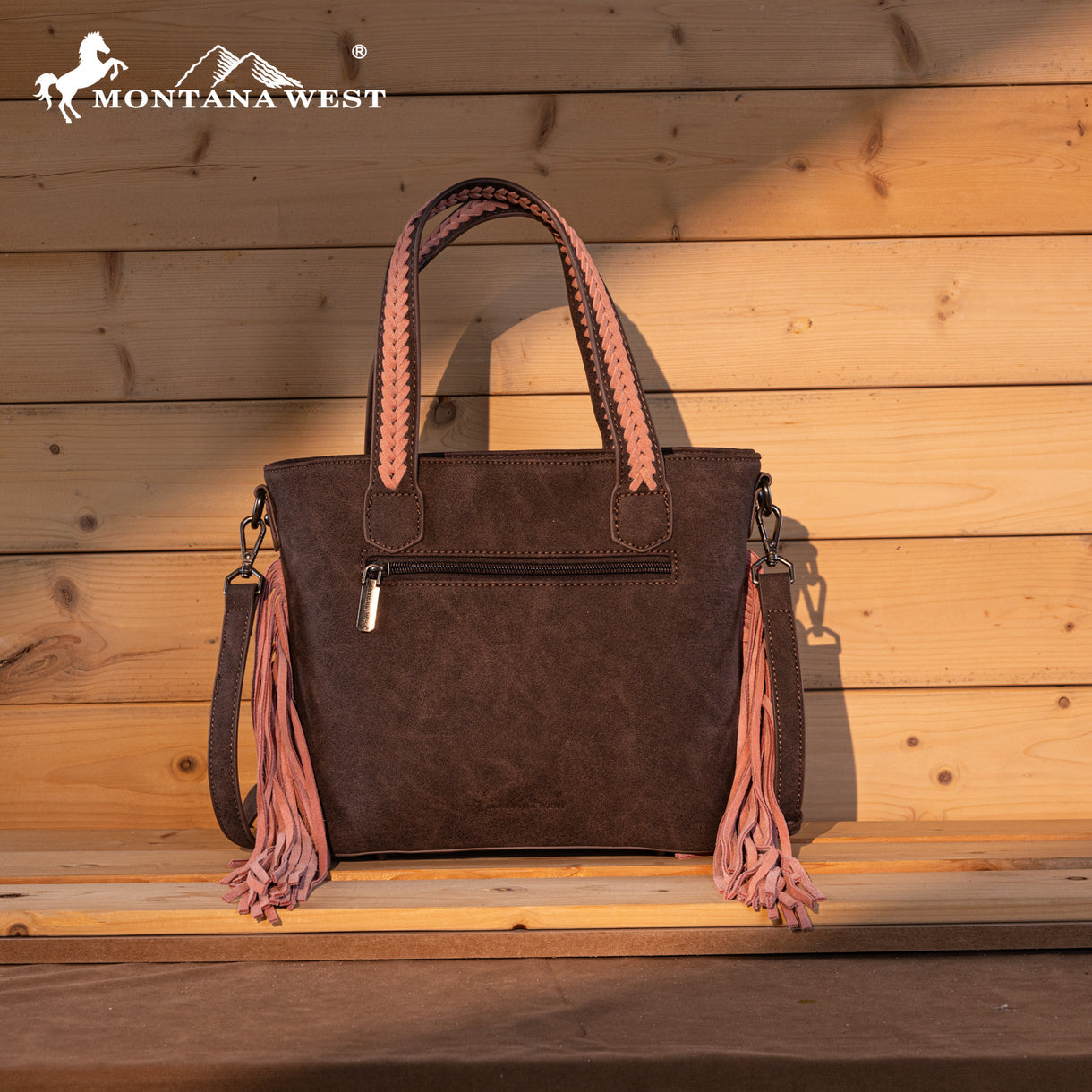 Montana West Tooled Aztec Tote/Crossbody with Wallet Set -Pink