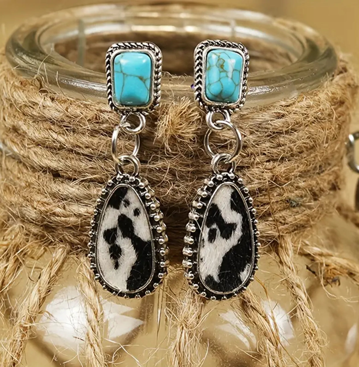 Turquoise and Cowhide Drop Earrings