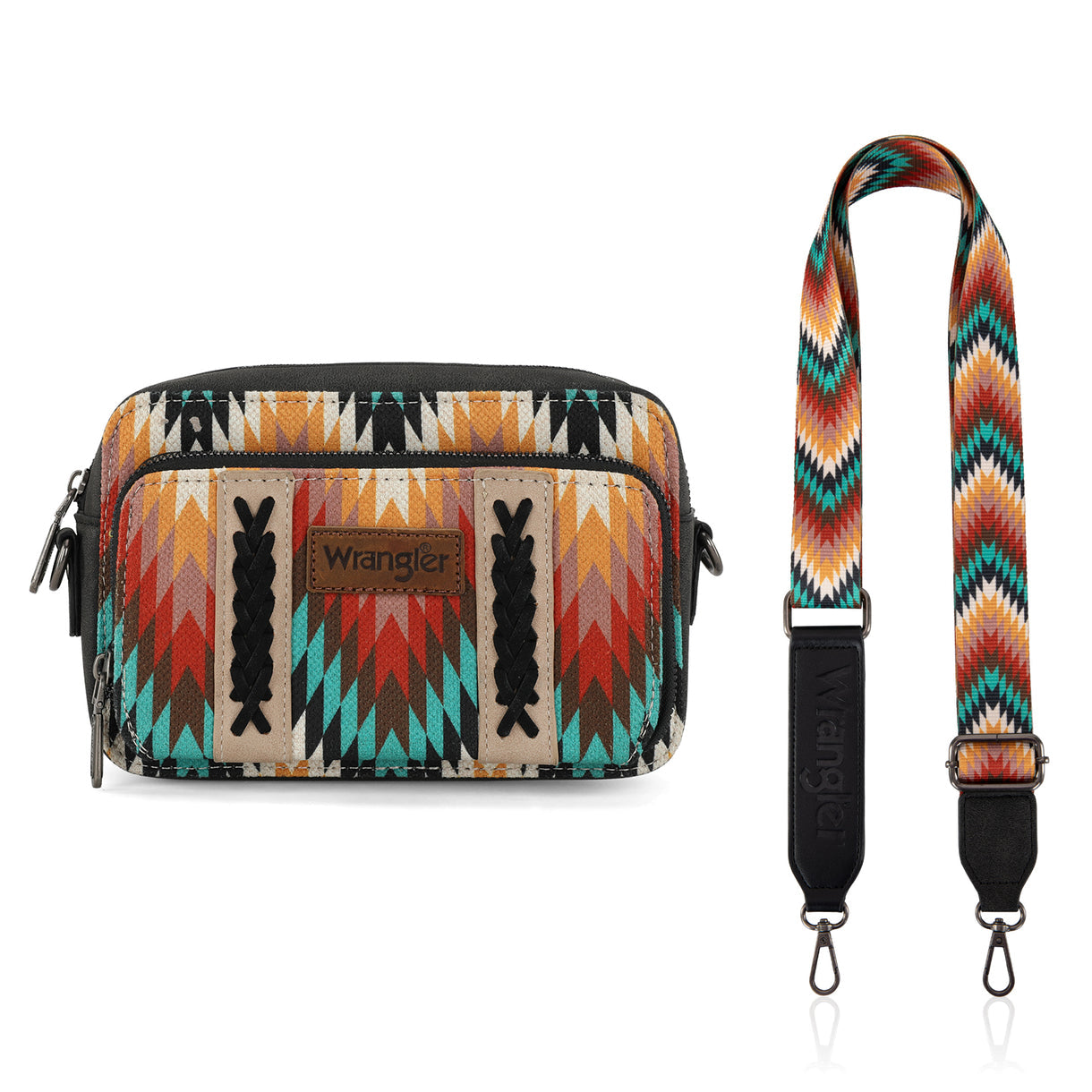 Wrangler Southwestern Pattern Dual Sided Print Crossbody Purse With Wallet Compartment - Tan