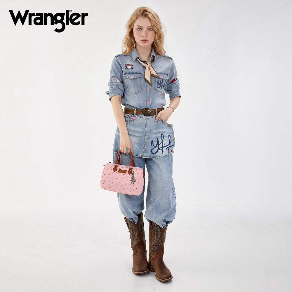 Wrangler Western Rhinestone Denim Boston Bag - Pink