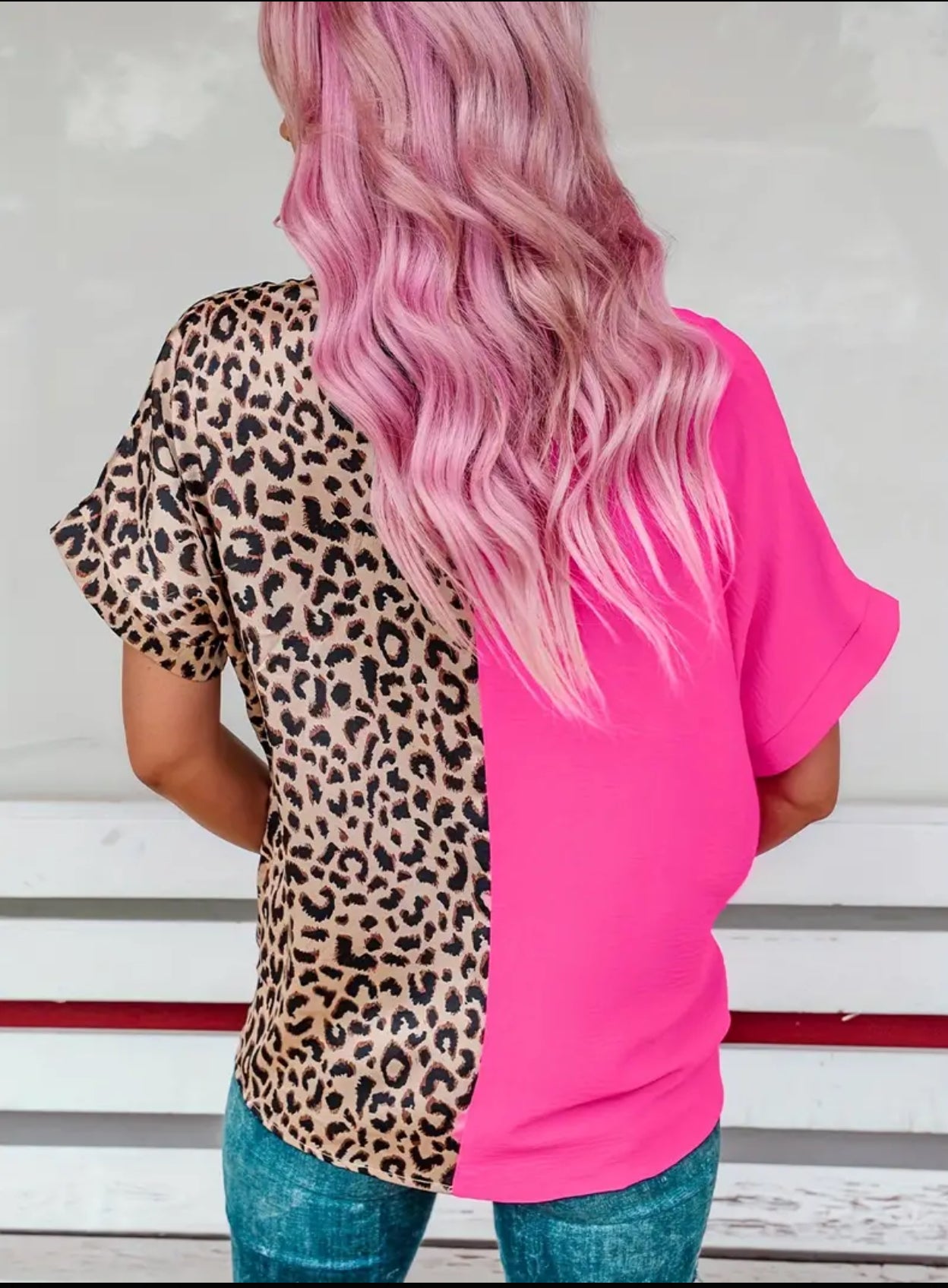 Hot pink and leopard splicing shirt