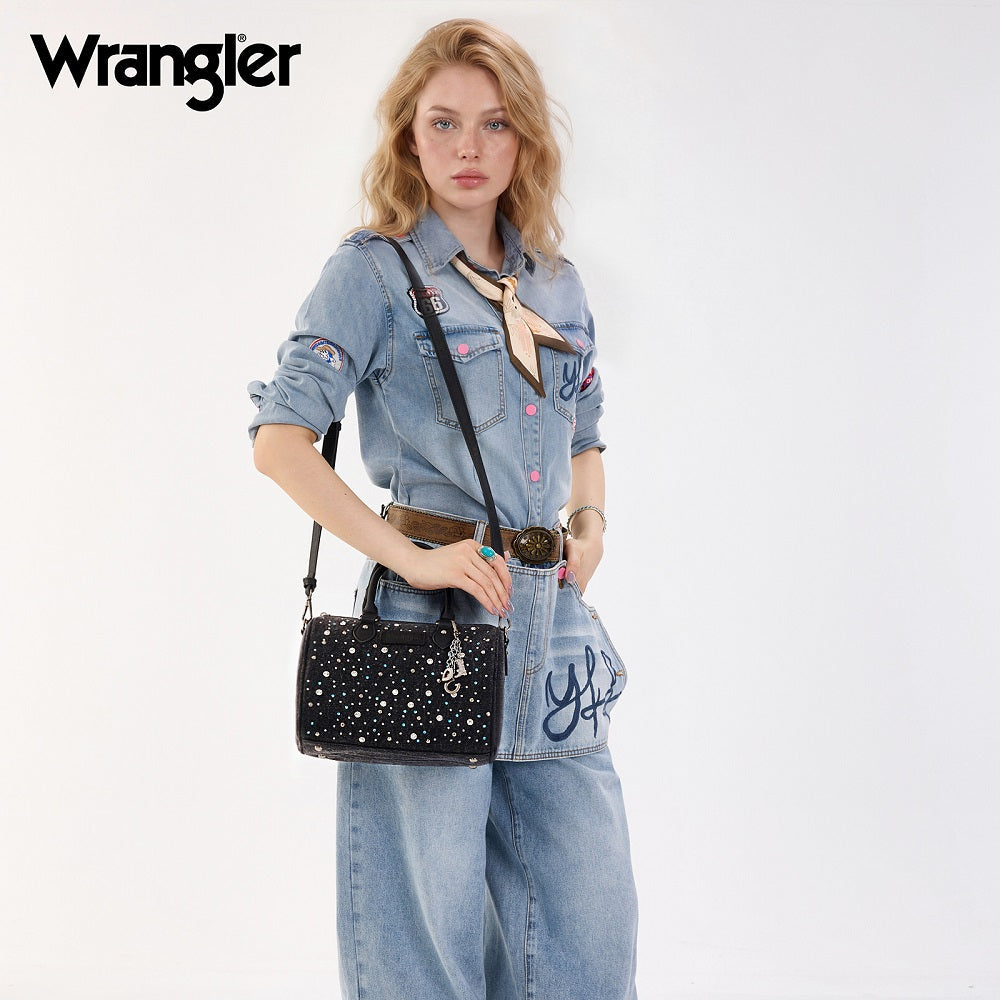 Wrangler Western Rhinestone Denim Boston Bag - Black