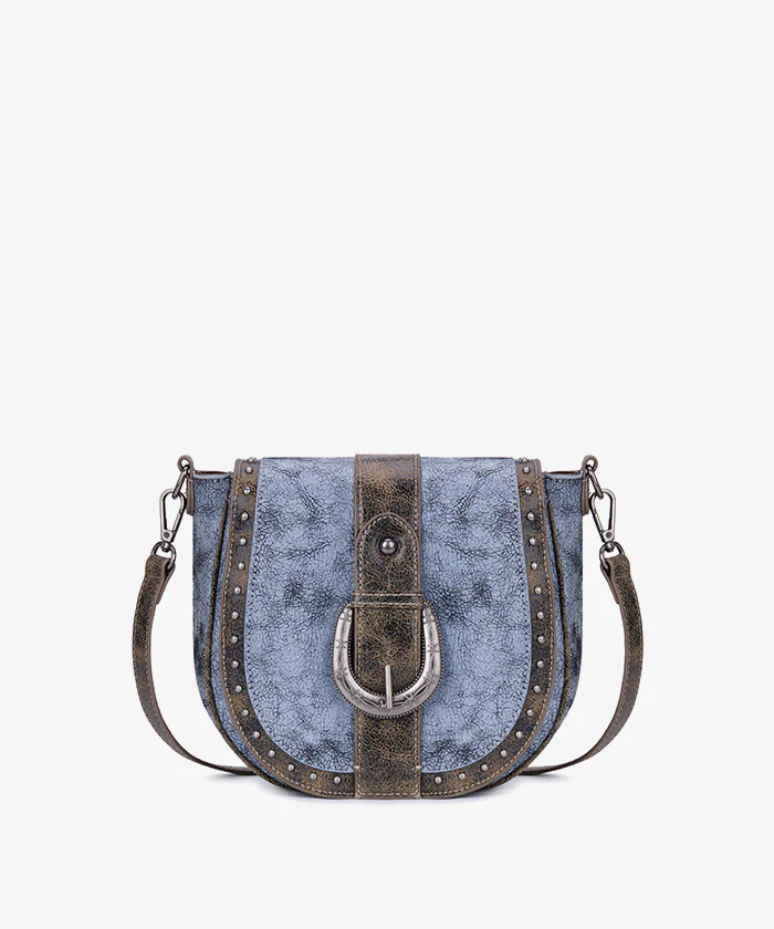 Montana West Western Buckle Studded Saddle Crossbody Bag - Blue - Rustic Brown