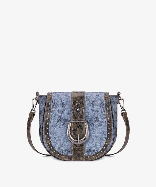 Montana West Western Buckle Studded Saddle Crossbody Bag - Blue - Rustic Brown