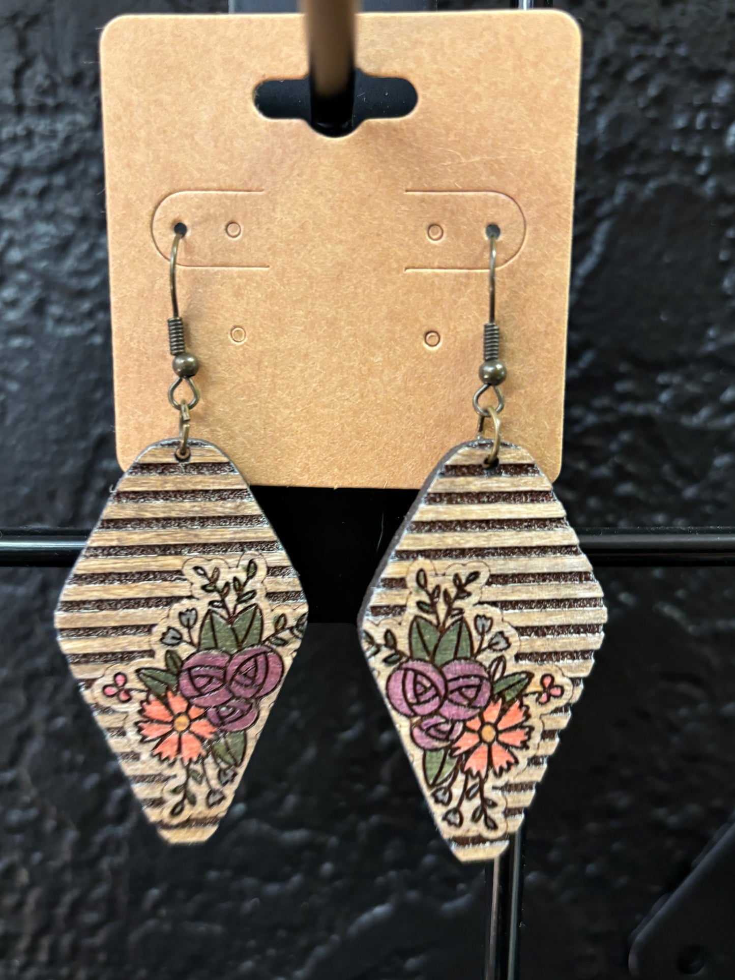 Rustic Striped Floral Laser cut and hand painted earrings