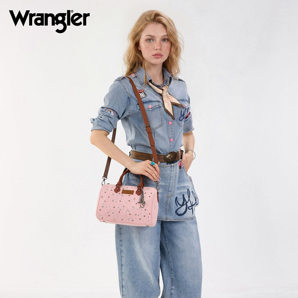 Wrangler Western Rhinestone Denim Boston Bag - Pink