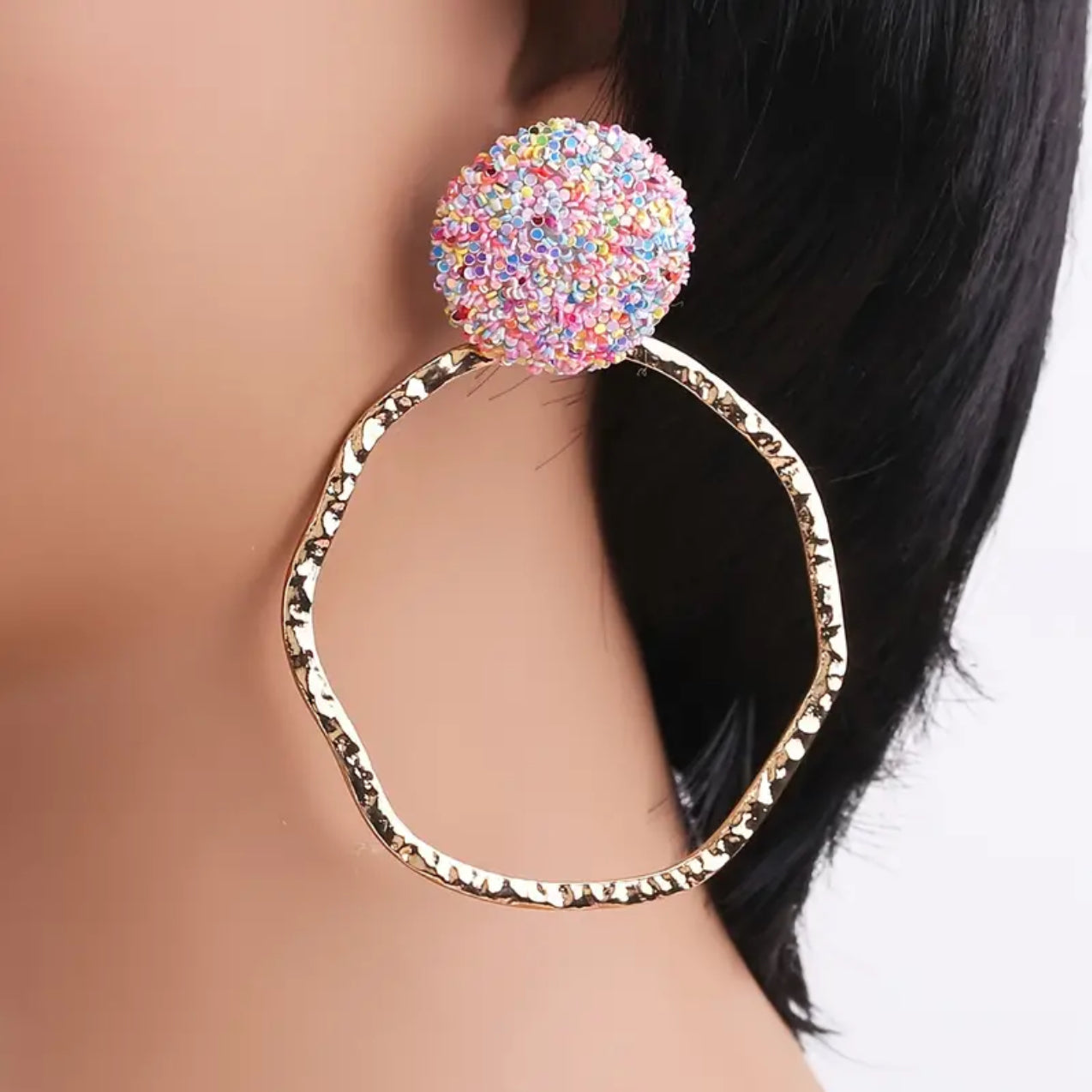 Glitter top with Gold Hoop Earrings