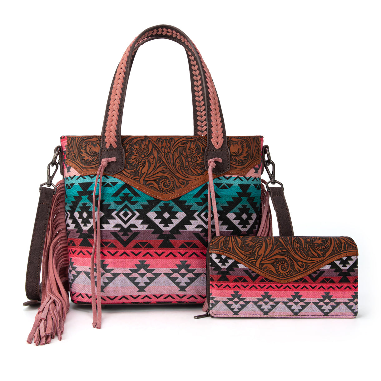 Montana West Tooled Aztec Tote/Crossbody with Wallet Set -Pink
