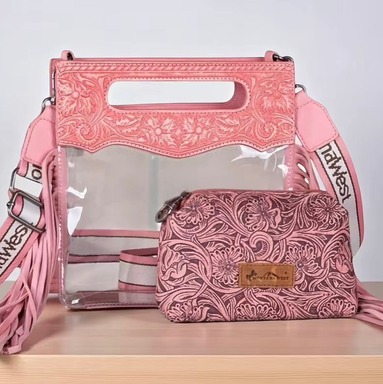 Montana West Western Fringe Stadium Clear Crossbody Bag with Detachable Pouch - Pink