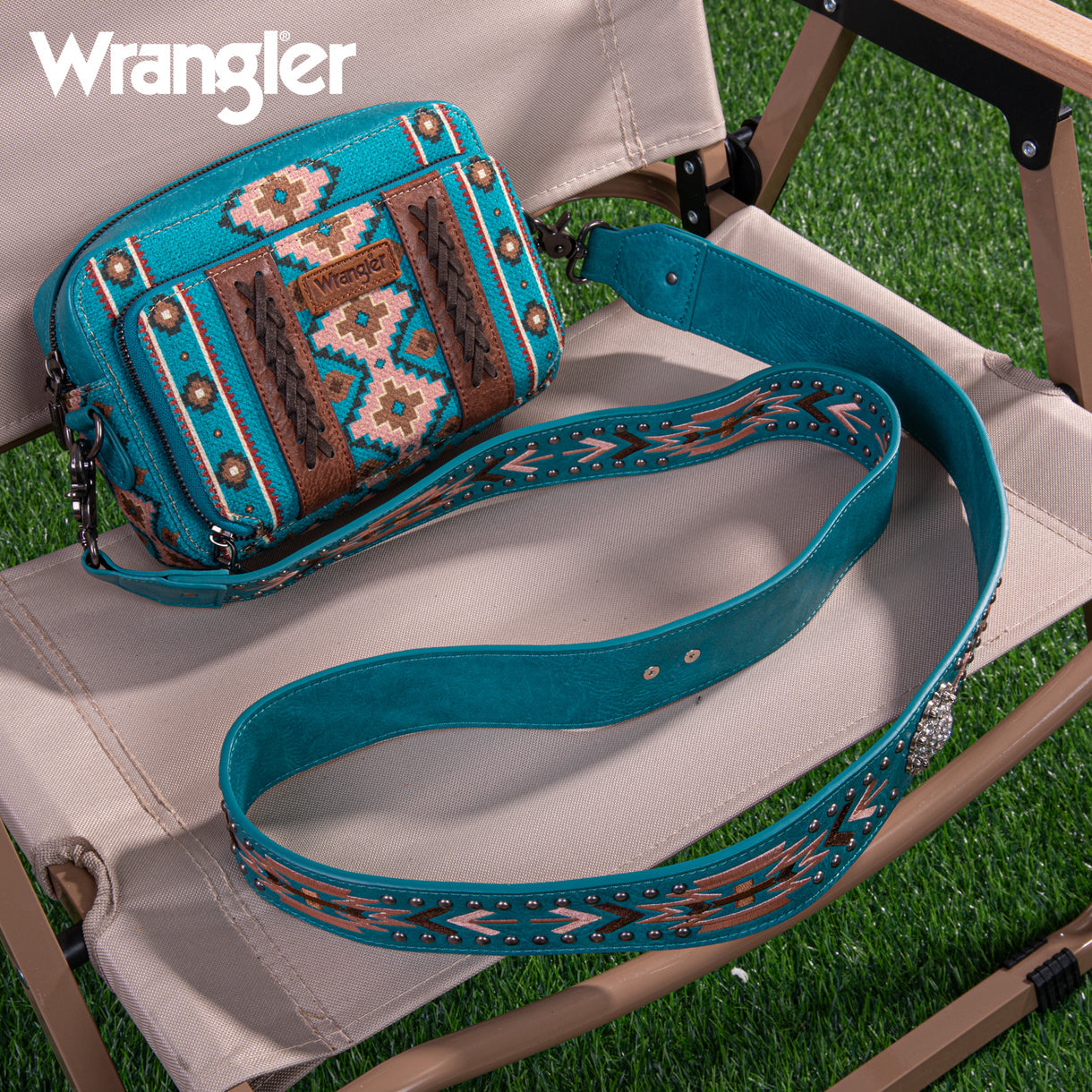 Wrangler Aztec Printed Crossbody Purse With Wallet Compartment - Turquoise