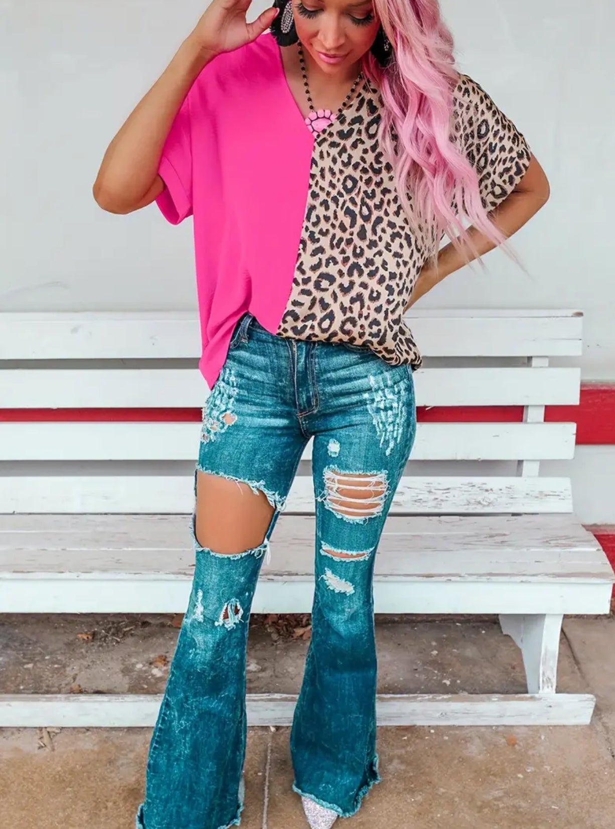 Hot pink and leopard splicing shirt