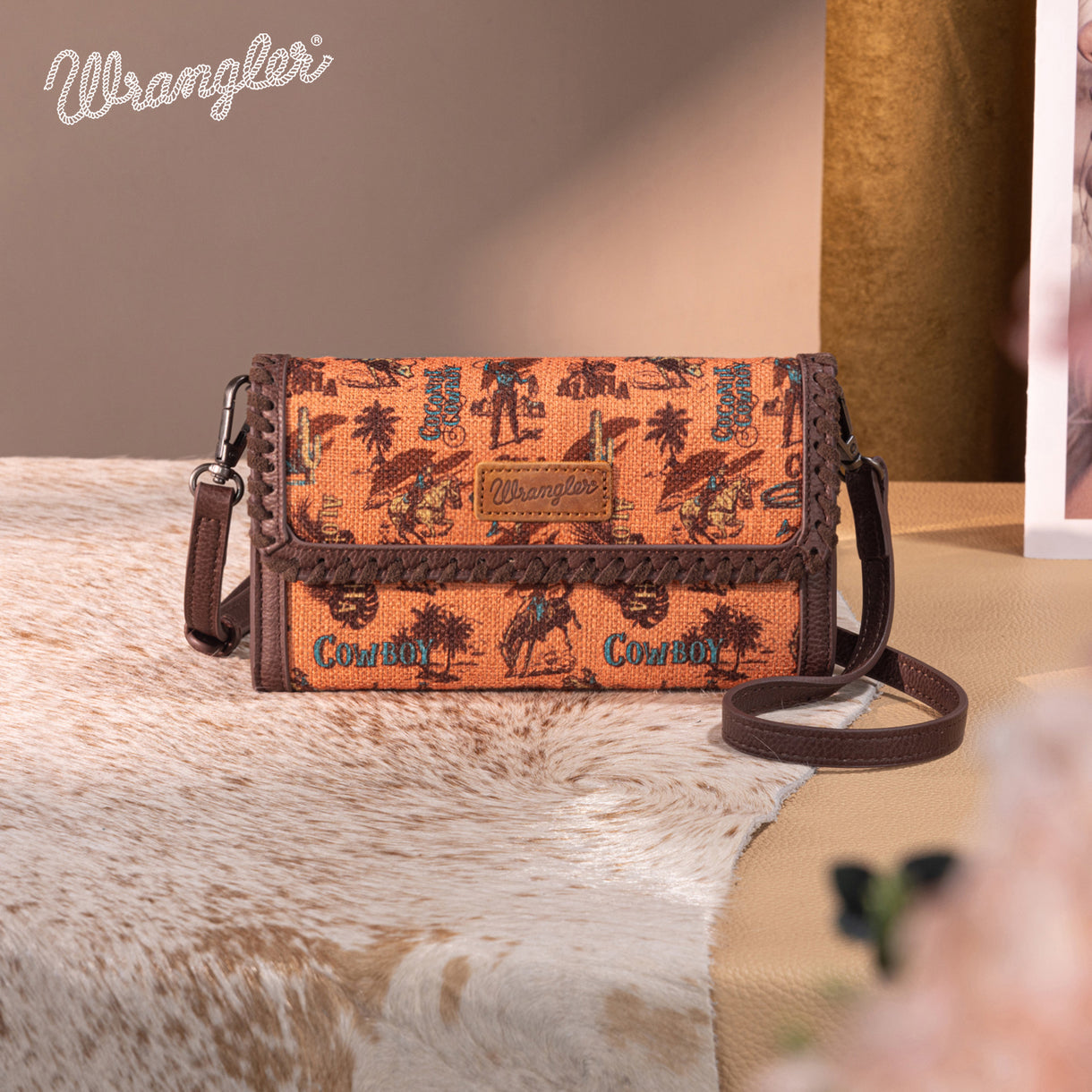 Wrangler Vintage Retro Cowboy Cool Print Wallet/Crossbody - Dark Brown