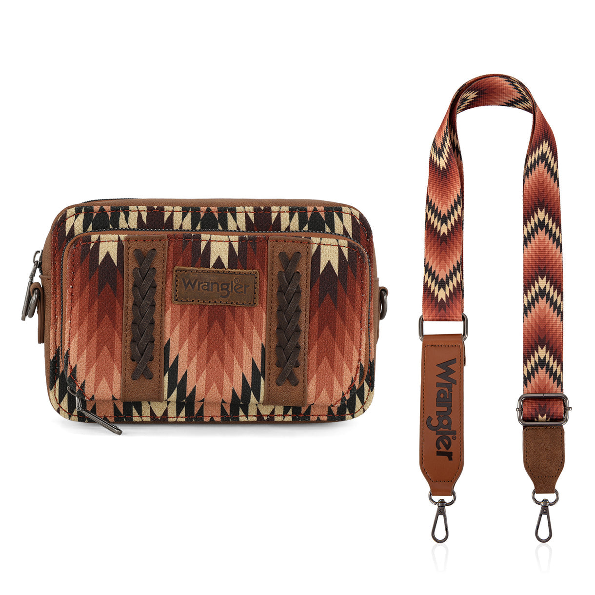 Wrangler Southwestern Pattern Dual Sided Print Crossbody Purse With Wallet Compartment - Brown