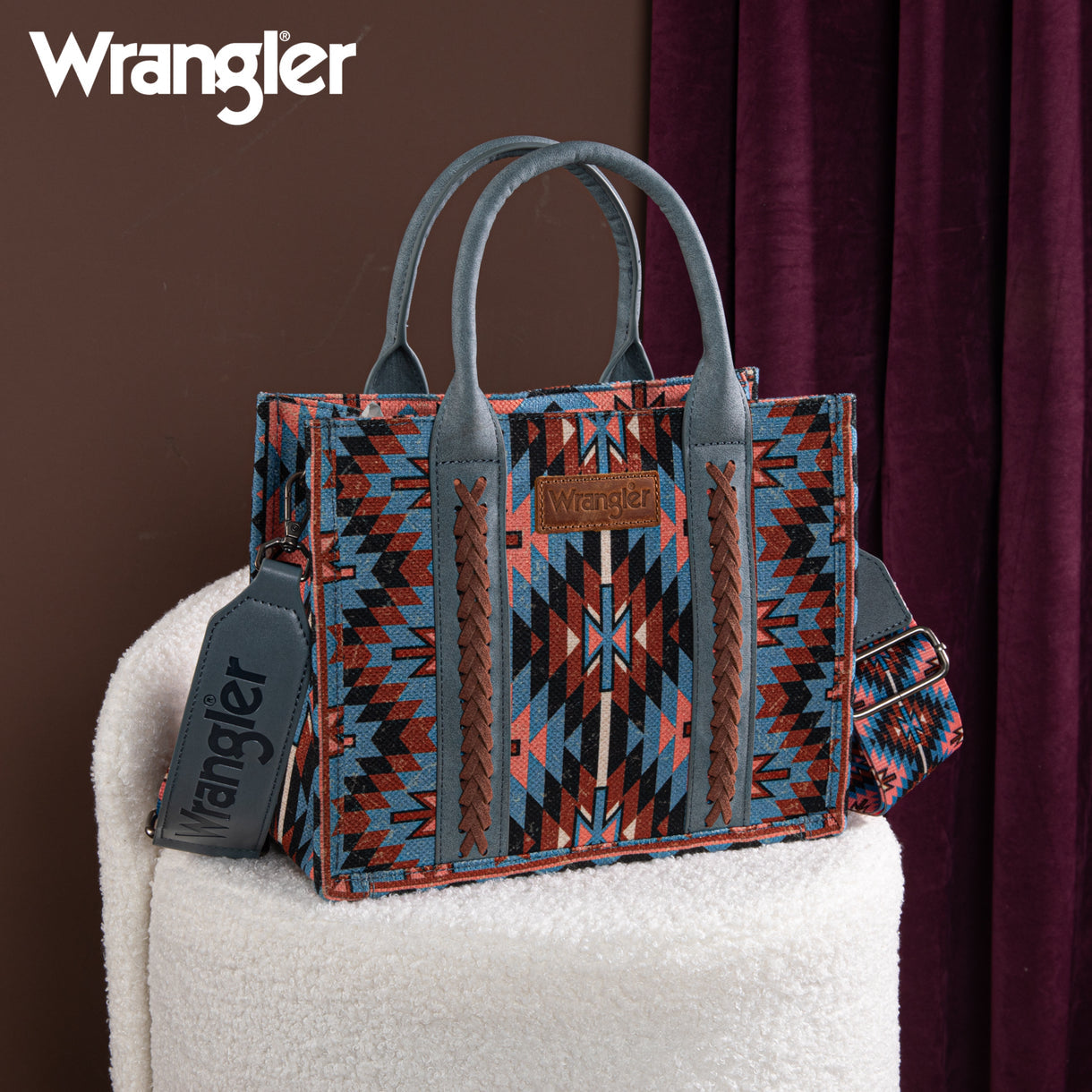Wrangler Southwestern Pattern Dual Sided Print -Tote/Crossbody - NAVY - Denim Blue