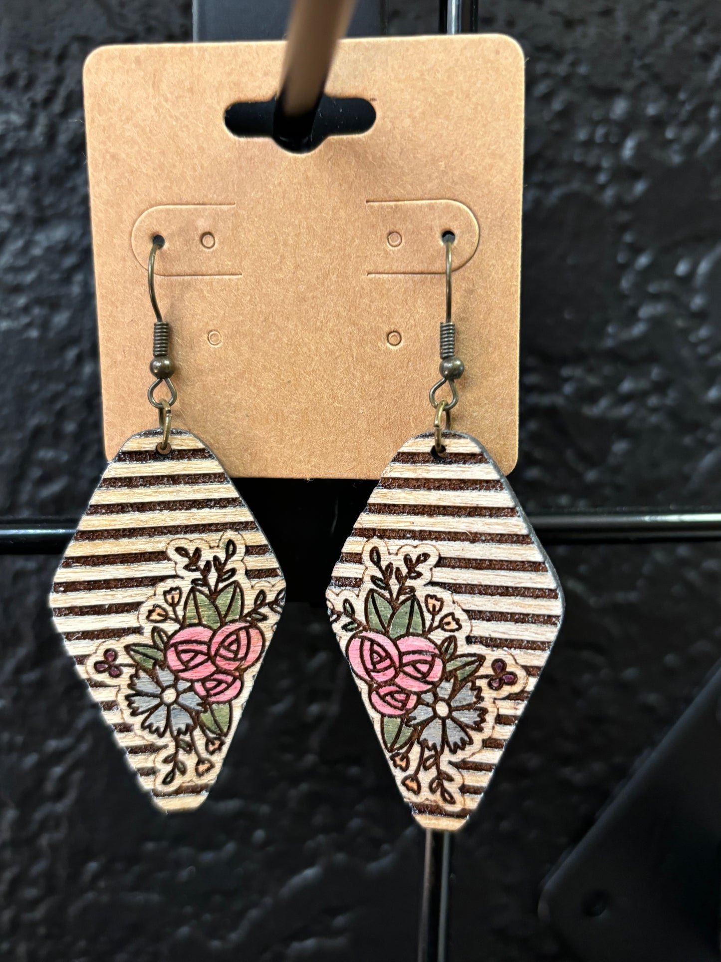 Rustic Striped Floral Laser cut and hand painted earrings