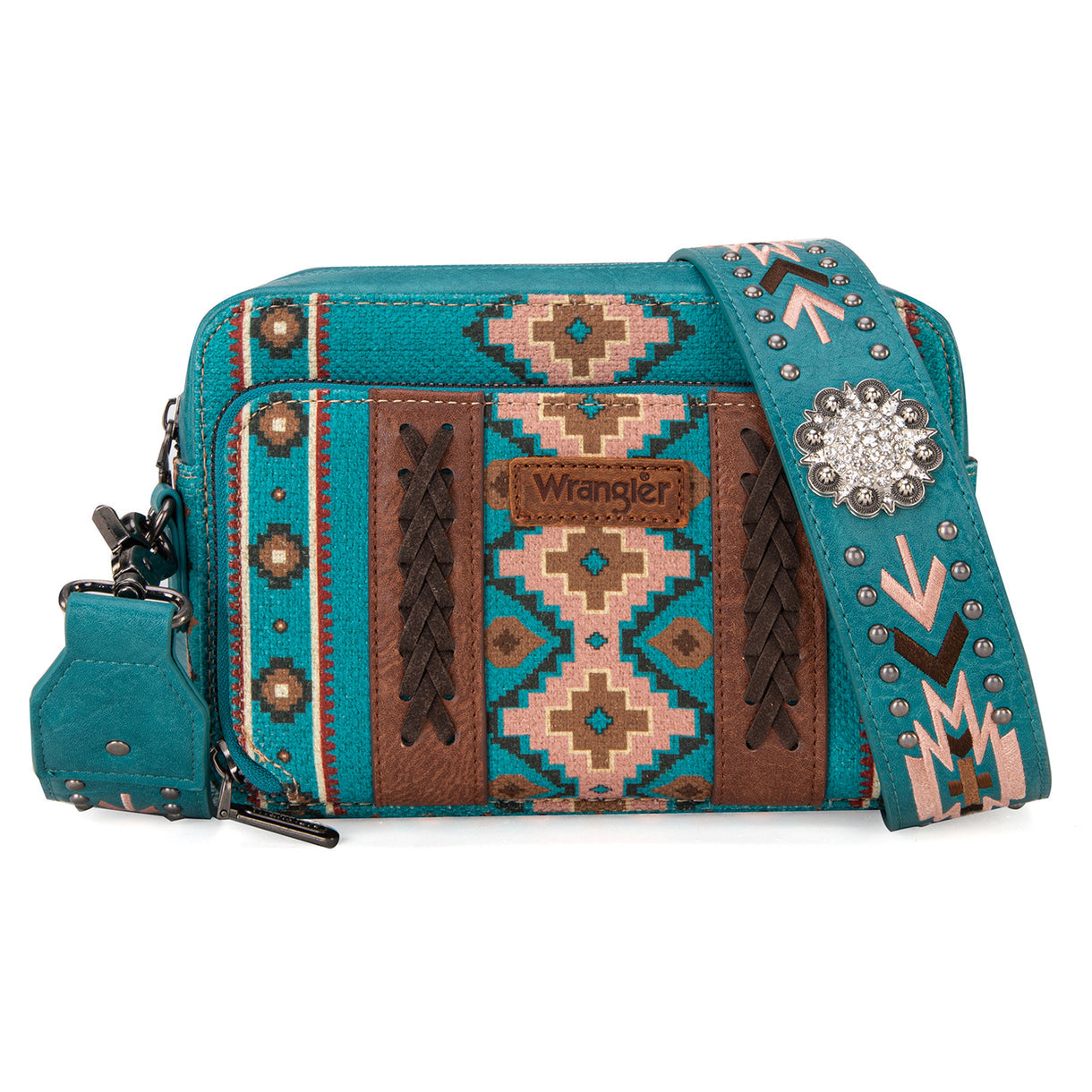 Wrangler Aztec Printed Crossbody Purse With Wallet Compartment - Turquoise