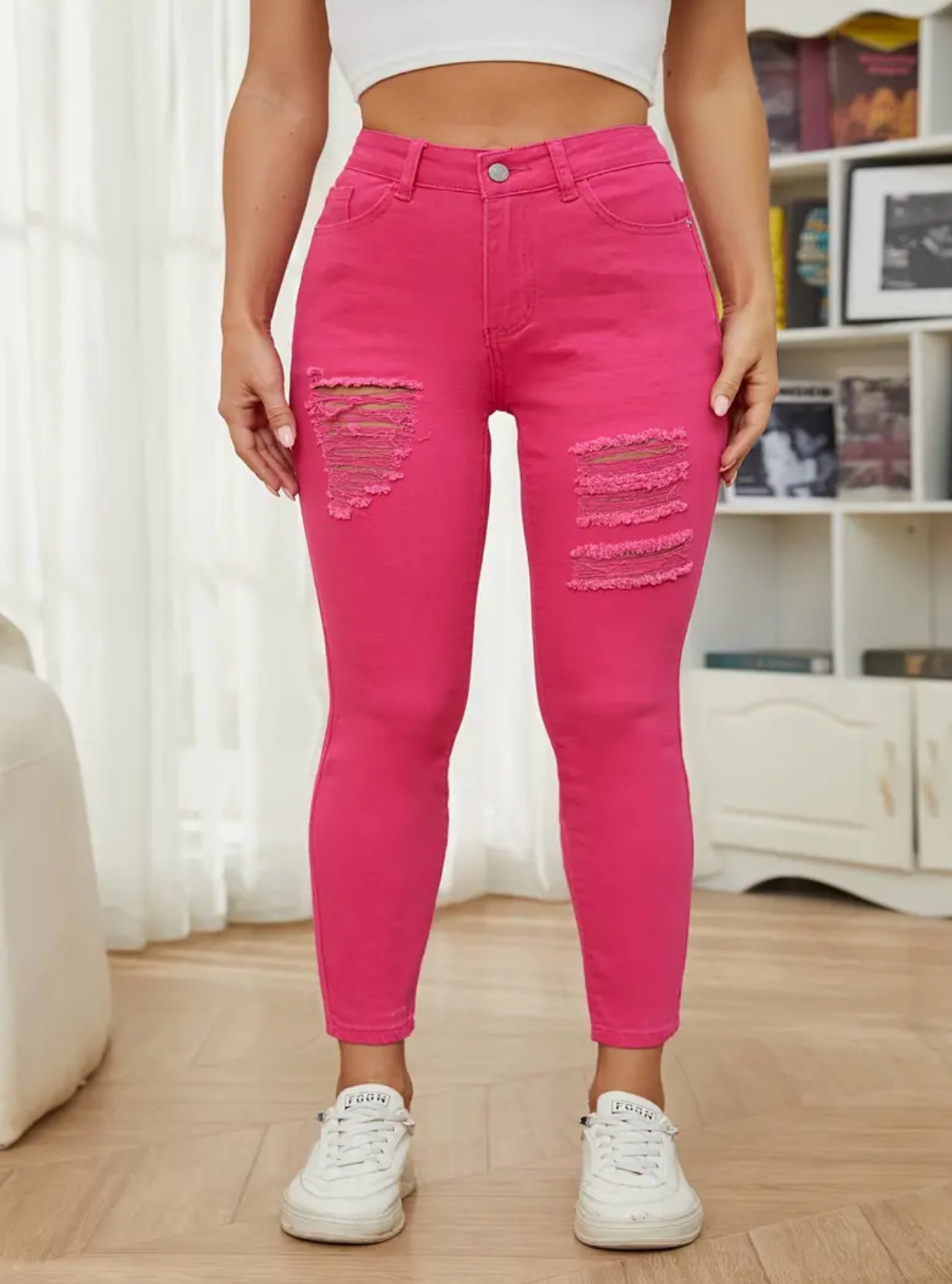 Ripped Solid Color Hot pink, Magenta Jeans, Stretch High Rise Denim Pants, Women's Denim Jeans