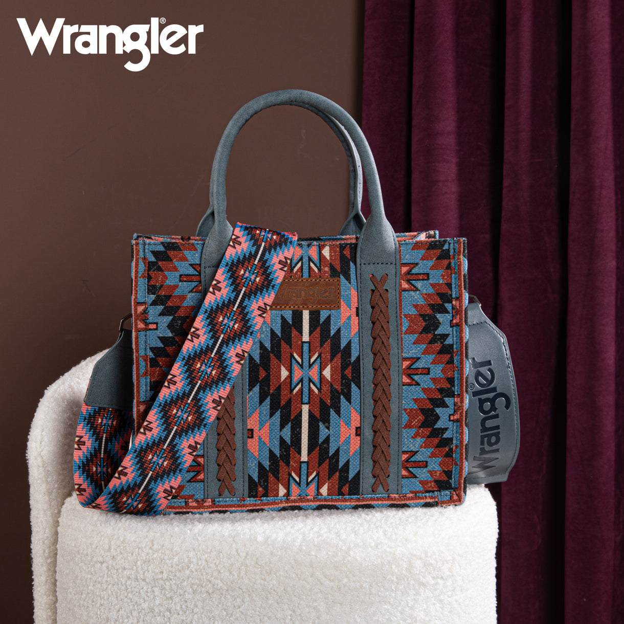 Wrangler Southwestern Pattern Dual Sided Print -Tote/Crossbody - NAVY - Denim Blue