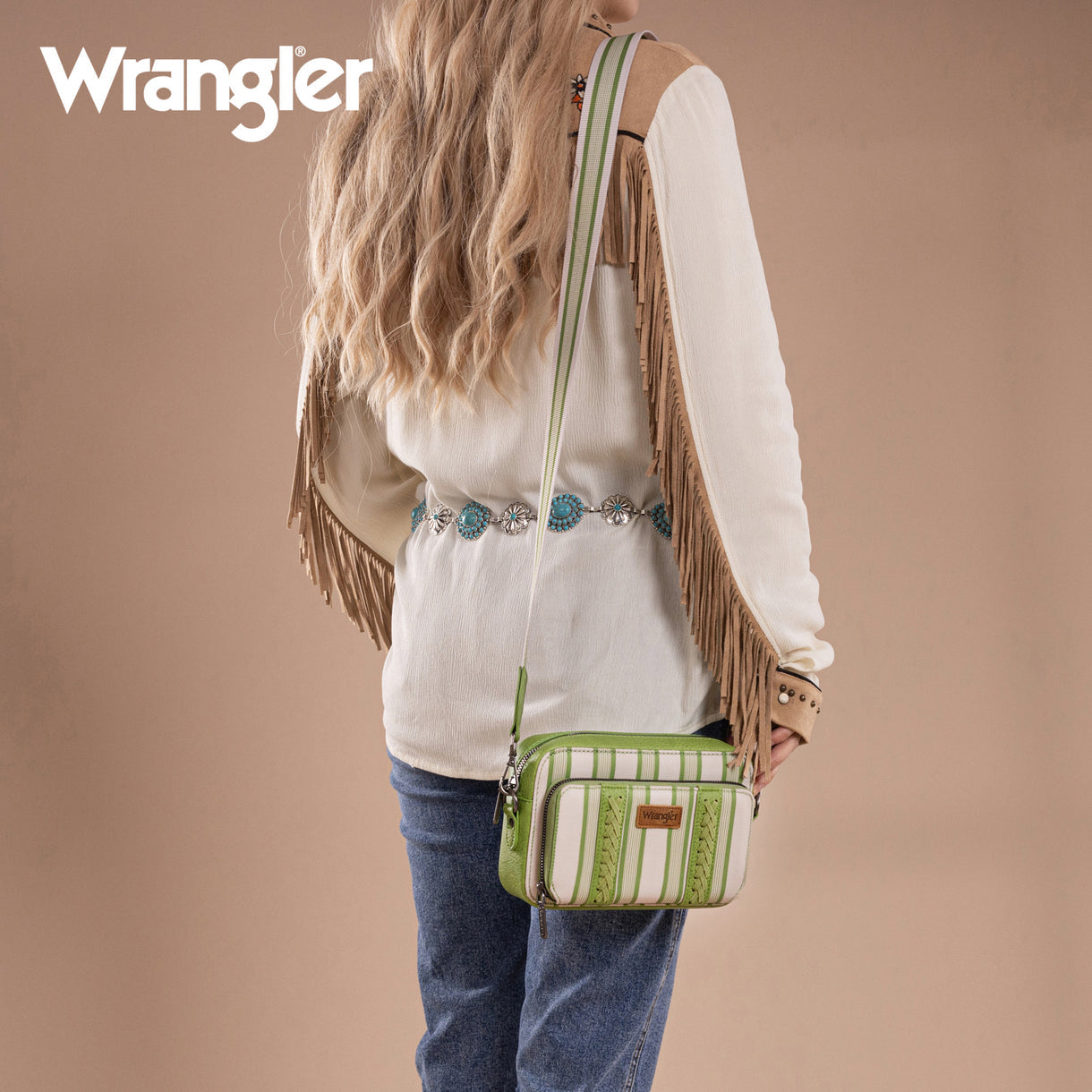 Wrangler Stripe Printed Crossbody Purse With Wallet Compartment - Green