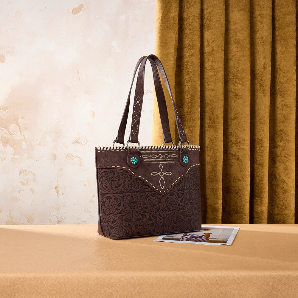 Montana West Tooled Floral Concealed Carry Tote Bag - Coffee