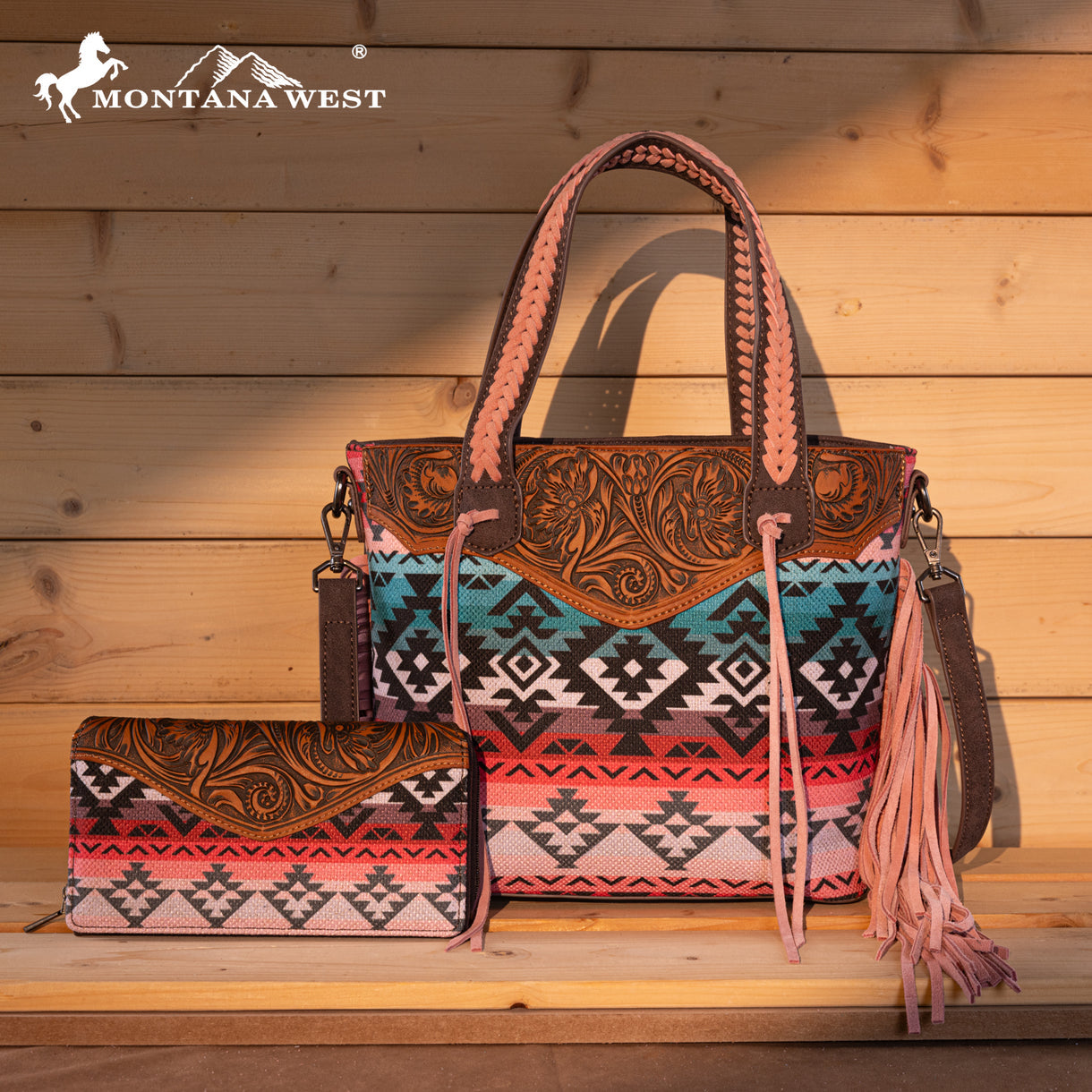 Montana West Tooled Aztec Tote/Crossbody with Wallet Set -Pink