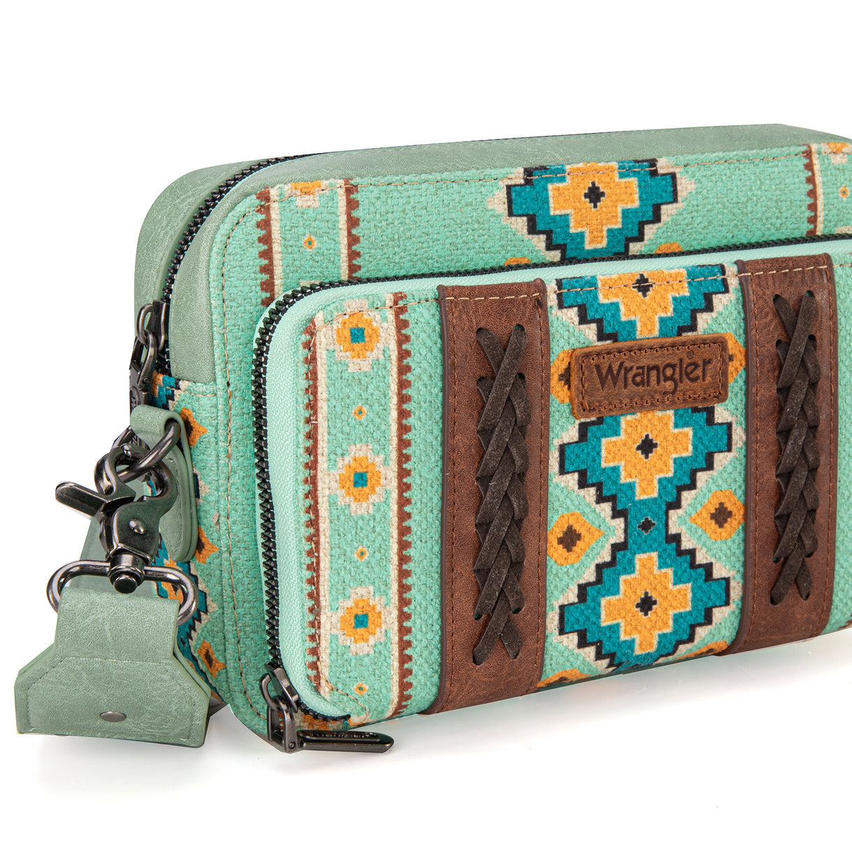 Wrangler Aztec Printed Crossbody Purse With Wallet Compartment - Green