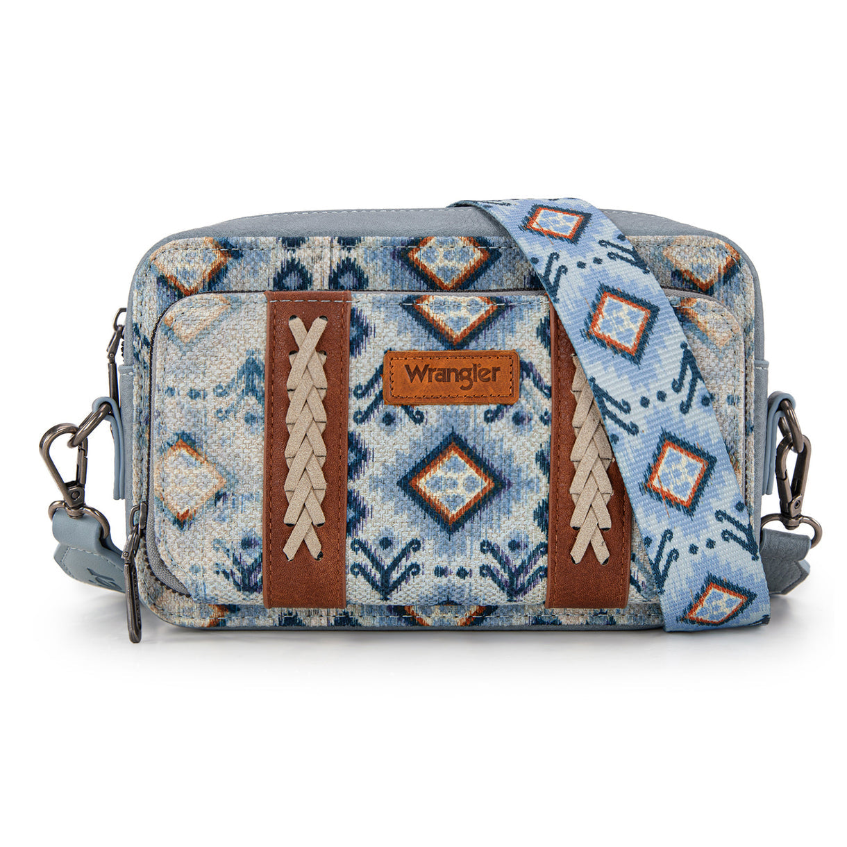 Wrangler Southwestern Pattern Dual Sided Print Crossbody Purse With Wallet Compartment - Navy - Light Blue