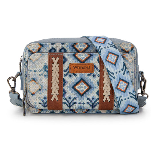 Wrangler Southwestern Pattern Dual Sided Print Crossbody Purse With Wallet Compartment - Navy - Light Blue