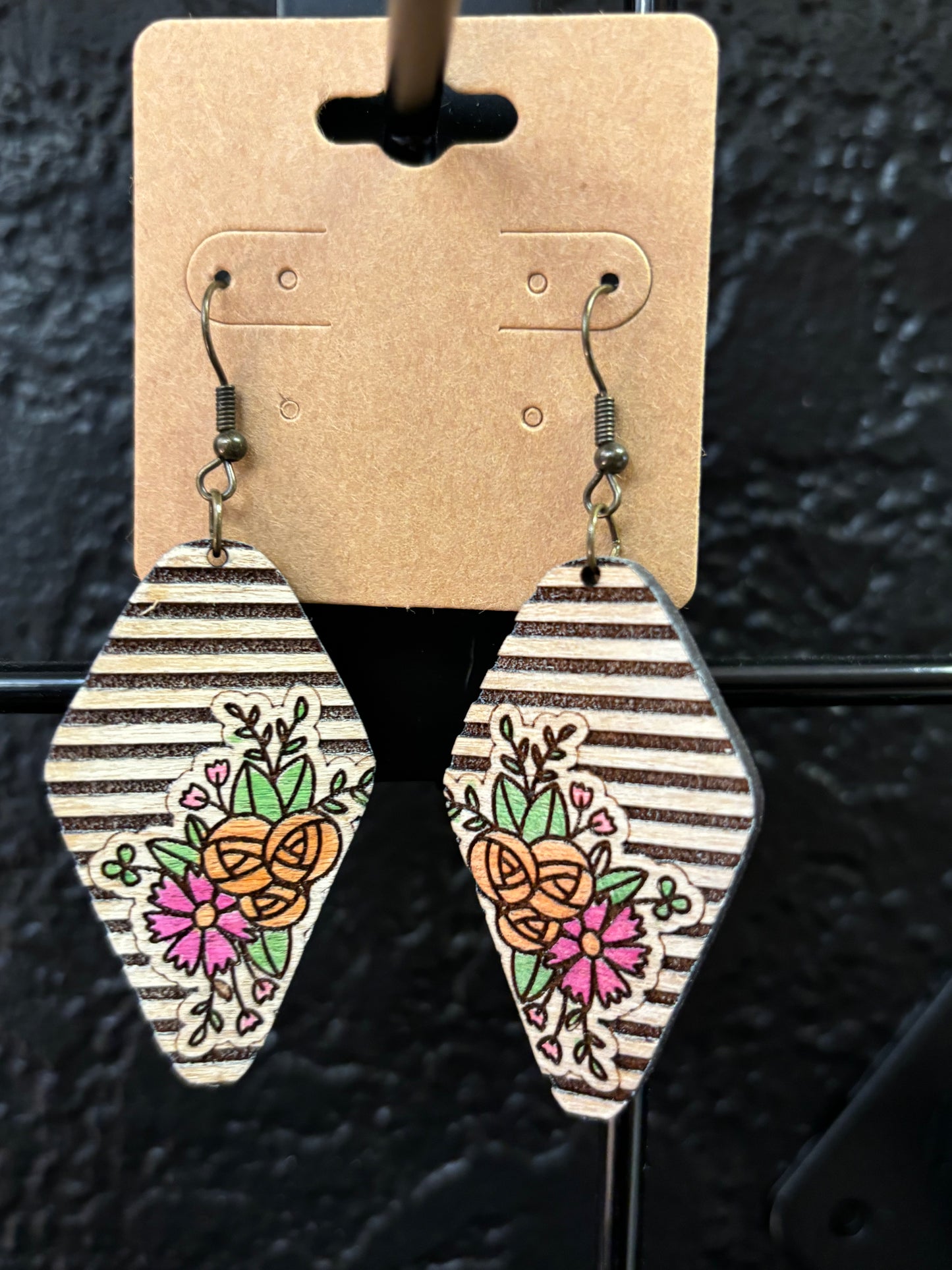 Rustic Striped Floral Laser cut and hand painted earrings