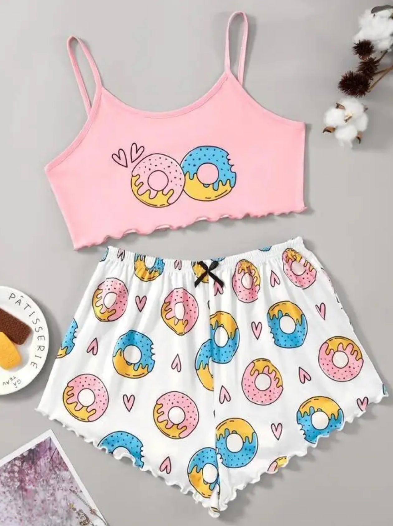 Super cute donut print pajama set - 2 piece set - cami