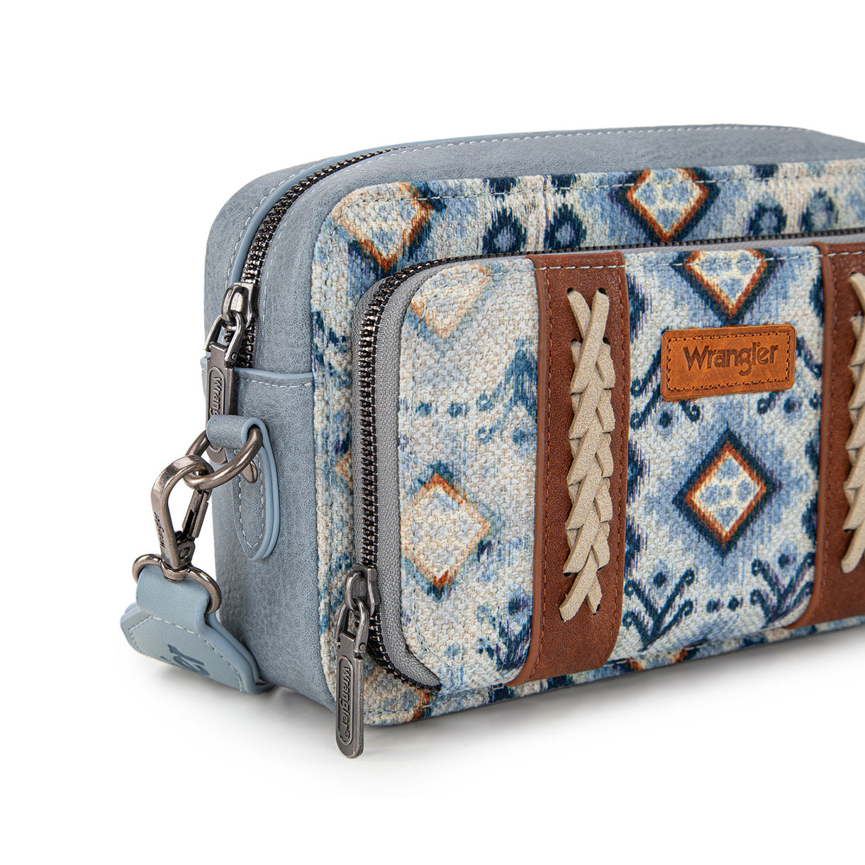 Wrangler Southwestern Pattern Dual Sided Print Crossbody Purse With Wallet Compartment - Navy - Light Blue