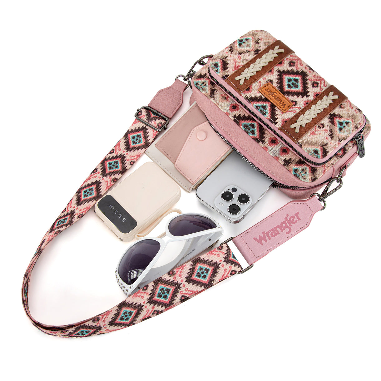 Wrangler Southwestern Pattern Dual Sided Print Crossbody Purse With Wallet Compartment - Pink
