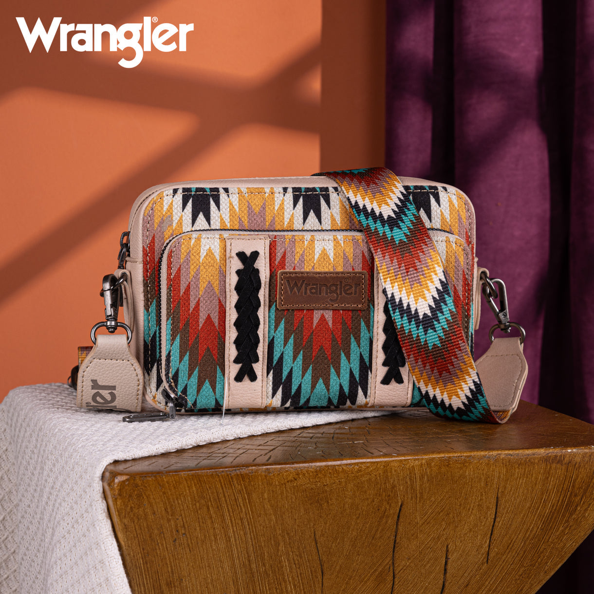 Wrangler Southwestern Pattern Dual Sided Print Crossbody Purse With Wallet Compartment - Tan